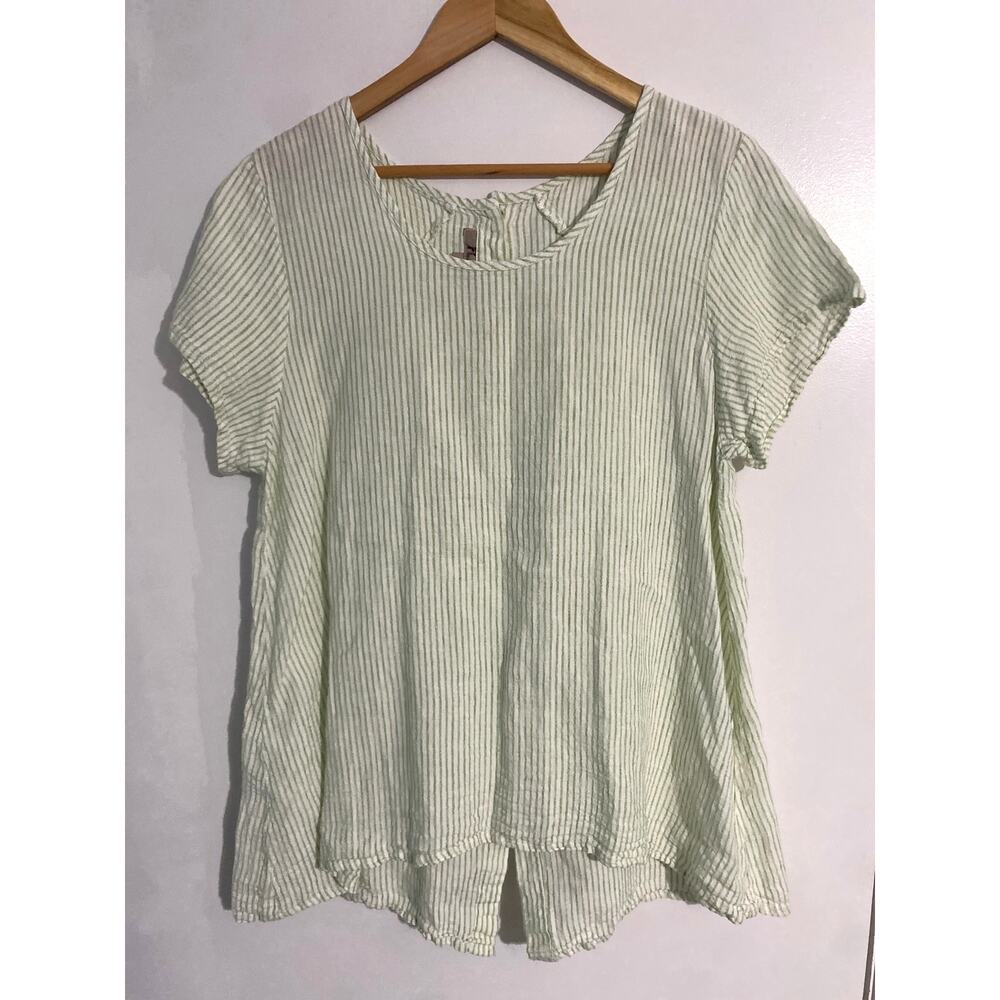 Flax tunic top women’s size S green white stripes 100% linen sustainable